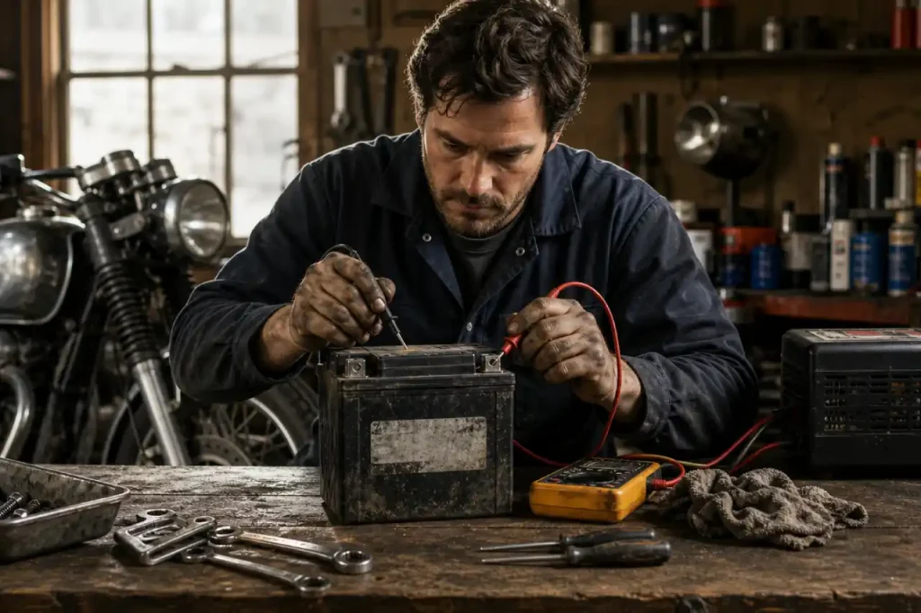 un homme testant une batterie avec un multimètre